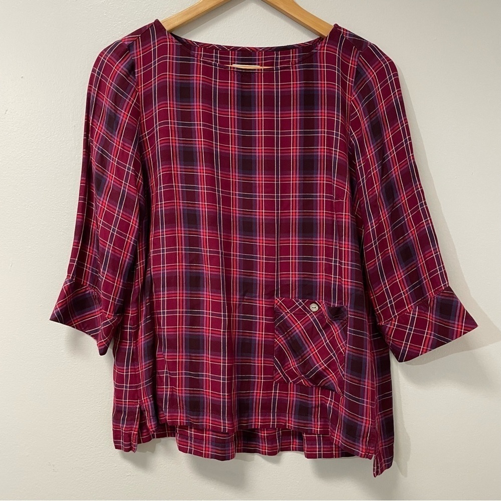 J. Jill Women’s 3/4 Sleeve Fall Burgundy Plaid Light Weight Flowy Crew Blouse SP